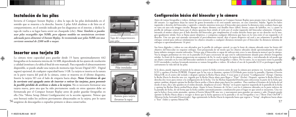 Instalación de las pilas insertar una tarjeta sd, Conﬁ guración básica del binocular y la cámara | Bushnell 11-8323 User Manual | Page 29 / 73