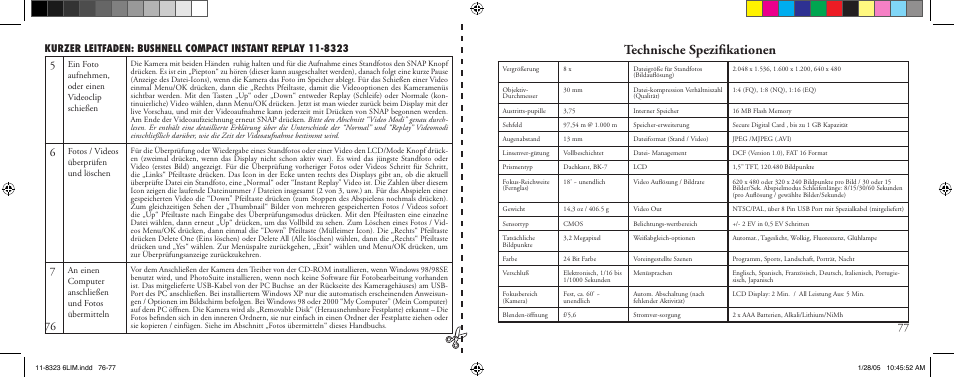 Technische speziﬁkationen | Bushnell 11-8323 User Manual | Page 39 / 73