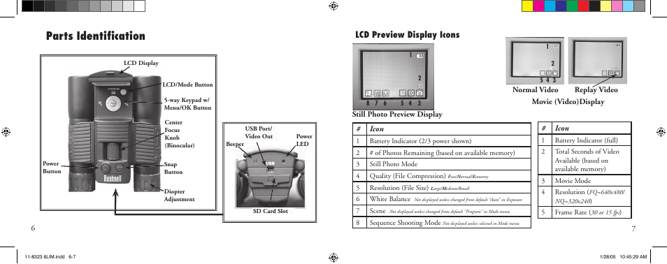 Parts identiﬁ cation, Lcd preview display icons | Bushnell 11-8323 User Manual | Page 4 / 73