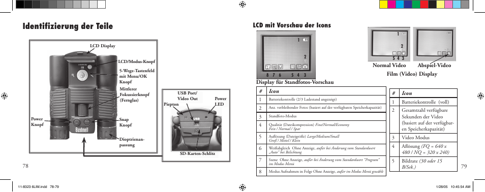 Identiﬁ zierung der teile, Lcd mit vorschau der icons | Bushnell 11-8323 User Manual | Page 40 / 73