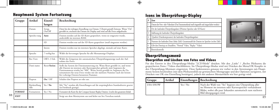 Überprüfungsmenü, Hauptmenü system fortsetzung, Icons im überprüfungs-display | Überprüfen und löschen von fotos und videos | Bushnell 11-8323 User Manual | Page 45 / 73