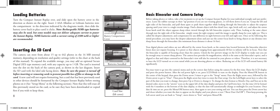 Loading batteries inserting an sd card, Basic binocular and camera setup | Bushnell 11-8323 User Manual | Page 5 / 73