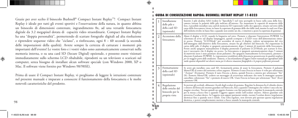 Grazie per aver scelto il binocolo bushnell, Compact instant replay | Bushnell 11-8323 User Manual | Page 50 / 73