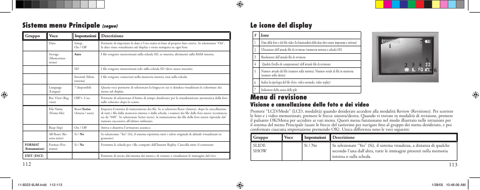 Menu di revisione, Sistema menu principale, Le icone del display | Visione e cancellazione delle foto e dei video | Bushnell 11-8323 User Manual | Page 57 / 73