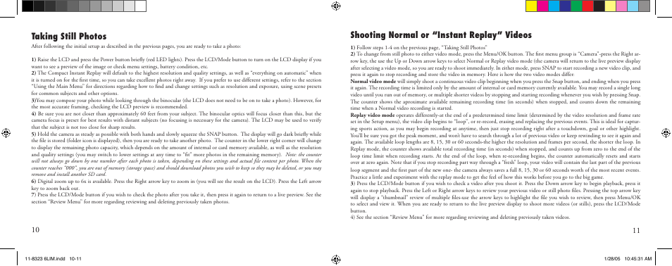 Taking still photos, Shooting normal or “instant replay” videos | Bushnell 11-8323 User Manual | Page 6 / 73