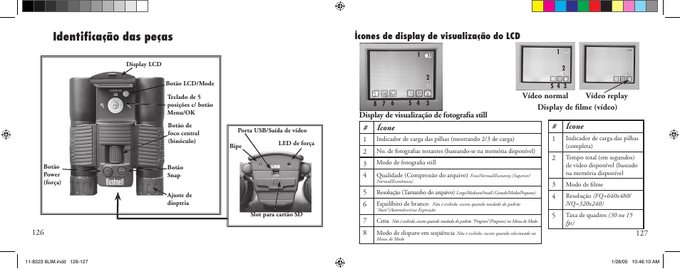 Identiﬁ cação das peças, Ícones de display de visualização do lcd | Bushnell 11-8323 User Manual | Page 64 / 73