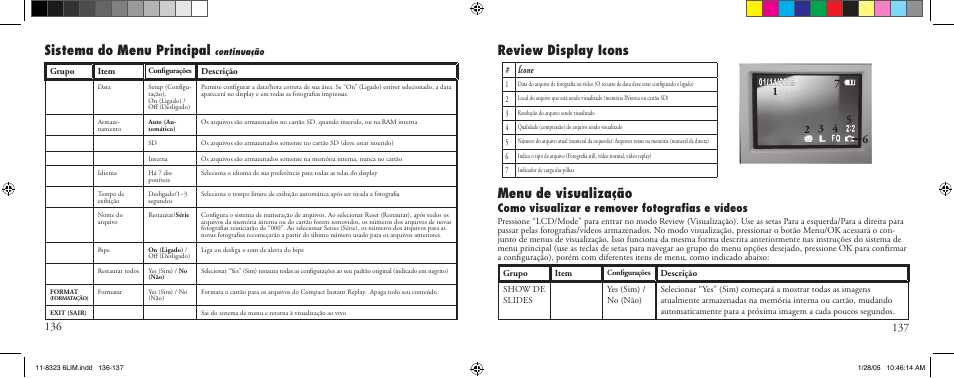 Menu de visualização, Sistema do menu principal, Review display icons | Como visualizar e remover fotograﬁ as e vídeos | Bushnell 11-8323 User Manual | Page 69 / 73