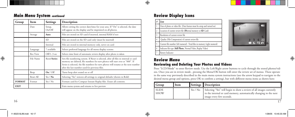 Review menu, Main menu system, Review display icons | Reviewing and deleting your photos and videos | Bushnell 11-8323 User Manual | Page 9 / 73