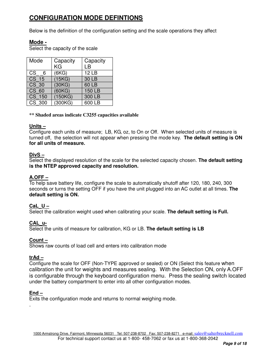 Configuration mode defintions | Salter Brecknell C3255 User Manual | Page 9 / 18