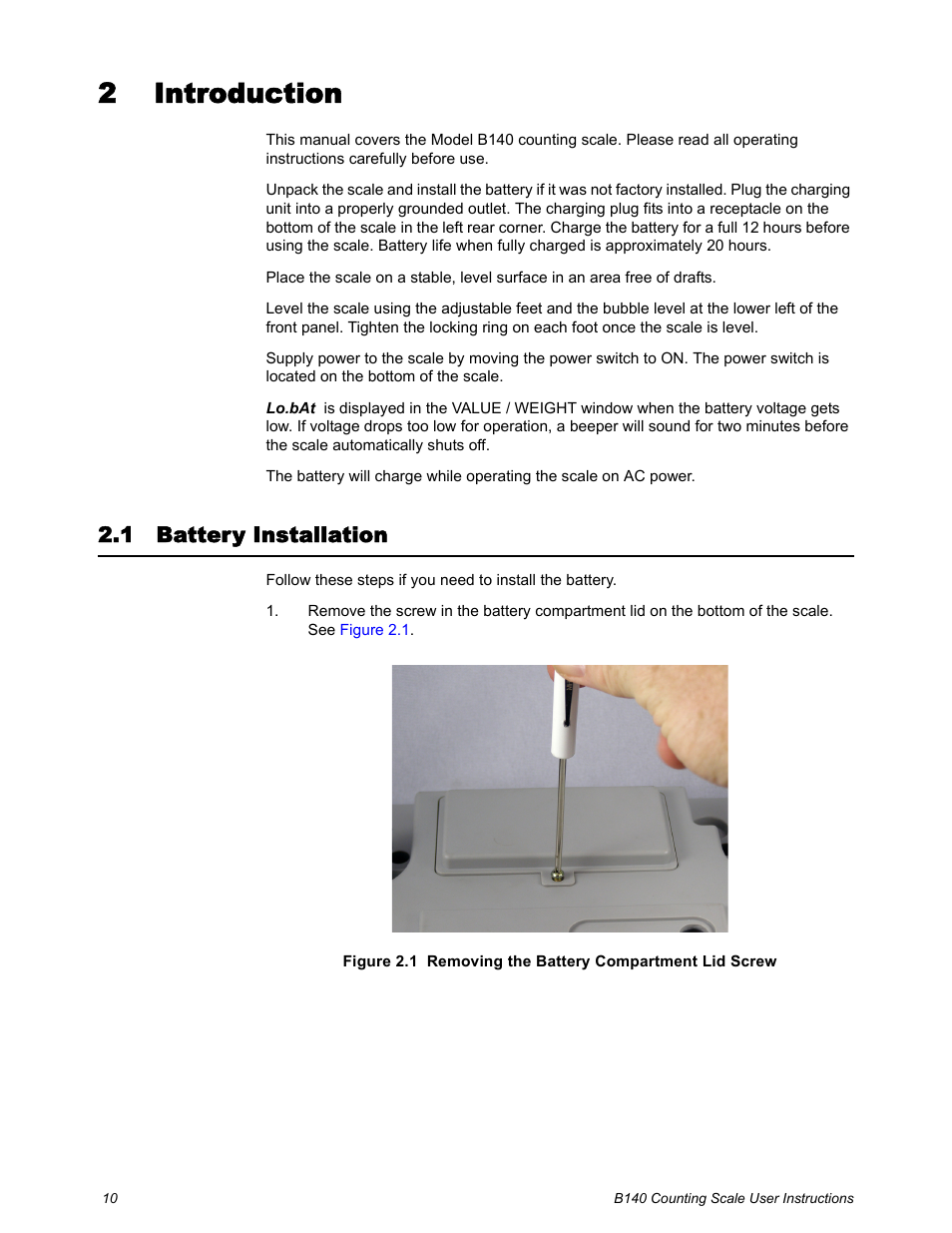 2 introduction, 1 battery installation, Chapter 2 introduction | Battery installation | Salter Brecknell B140 User Manual | Page 10 / 32