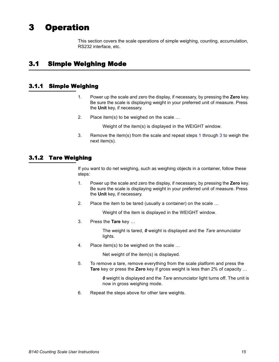 3 operation, 1 simple weighing mode, 1 simple weighing | 2 tare weighing, Chapter 3 operation, Simple weighing mode, Simple weighing tare weighing | Salter Brecknell B140 User Manual | Page 15 / 32