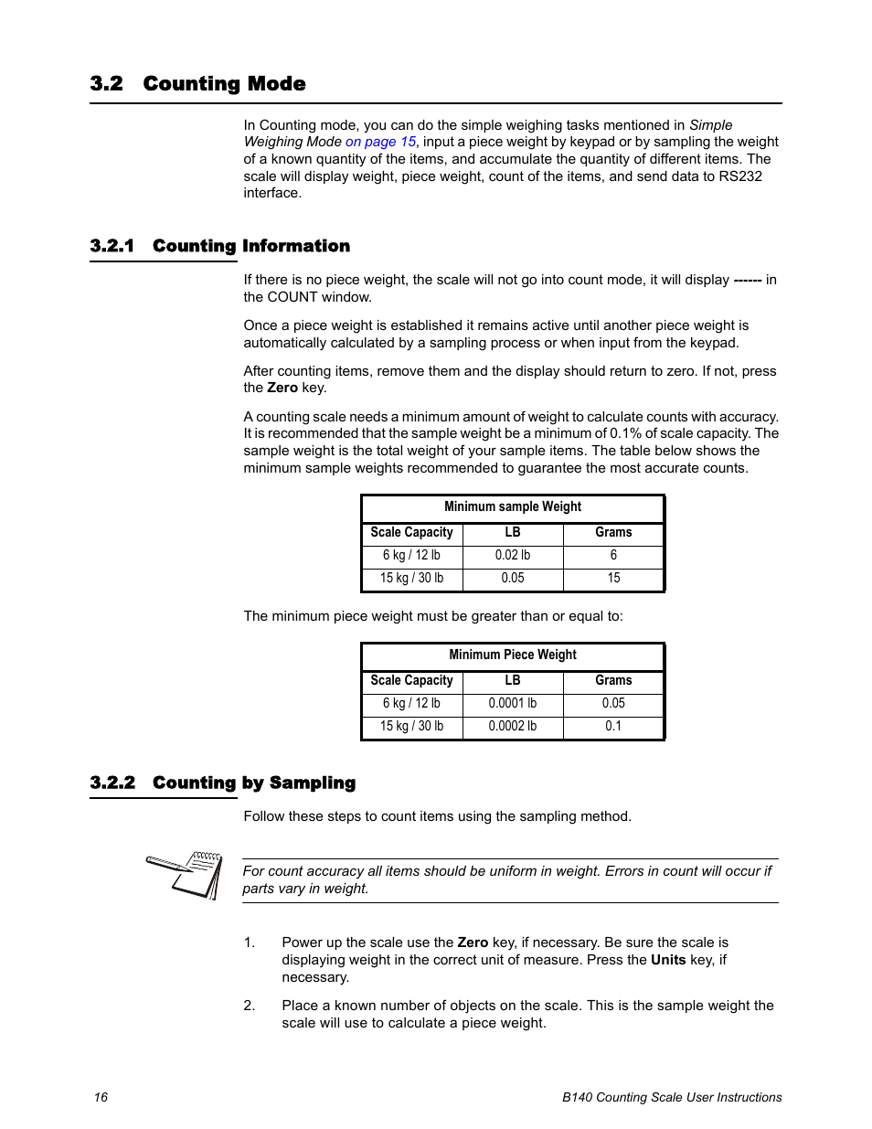 2 counting mode, 1 counting information, 2 counting by sampling | Counting mode, Counting information counting by sampling | Salter Brecknell B140 User Manual | Page 16 / 32