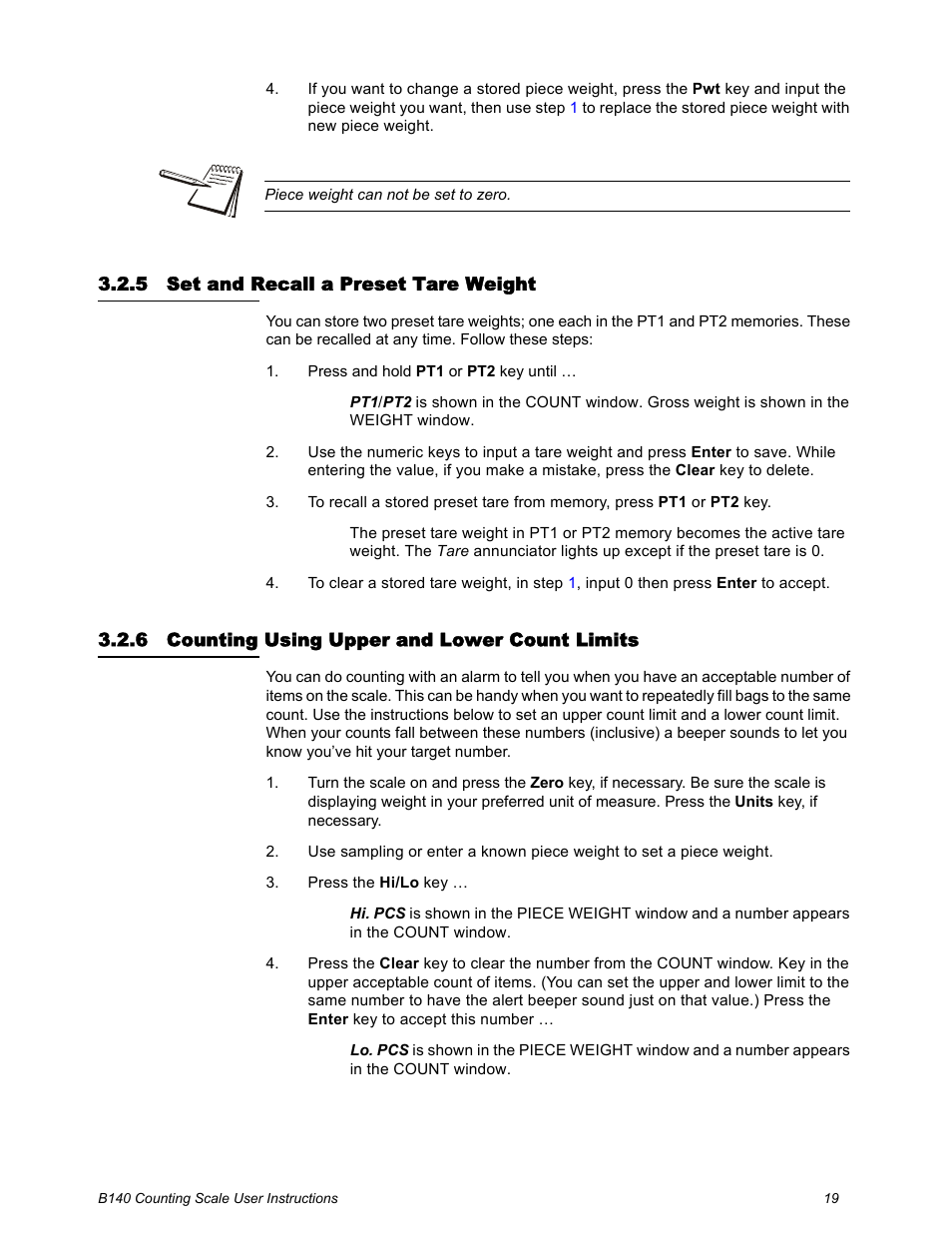 5 set and recall a preset tare weight, 6 counting using upper and lower count limits | Salter Brecknell B140 User Manual | Page 19 / 32