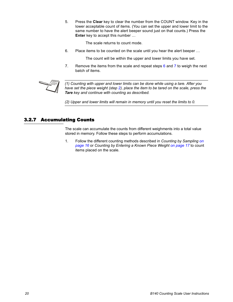 7 accumulating counts, Accumulating counts | Salter Brecknell B140 User Manual | Page 20 / 32