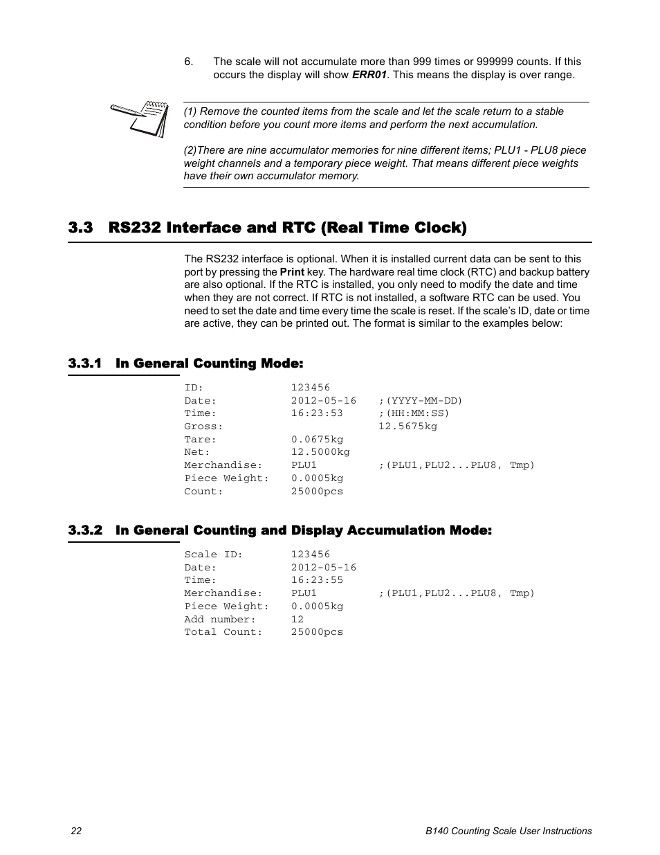 3 rs232 interface and rtc (real time clock), 1 in general counting mode, Rs232 interface and rtc (real time clock) | Salter Brecknell B140 User Manual | Page 22 / 32