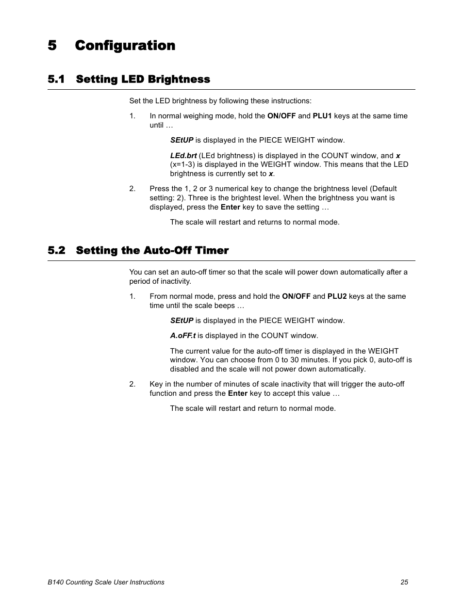 5 configuration, 1 setting led brightness, 2 setting the auto-off timer | Chapter 5 configuration, Setting led brightness setting the auto-off timer | Salter Brecknell B140 User Manual | Page 25 / 32