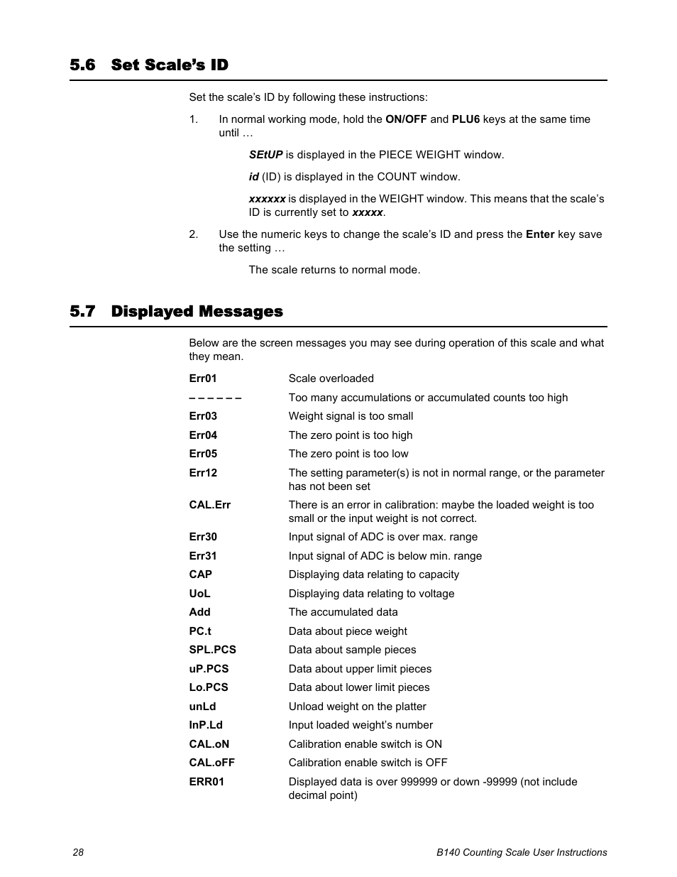 6 set scale’s id, 7 displayed messages, Set scale’s id displayed messages | Salter Brecknell B140 User Manual | Page 28 / 32