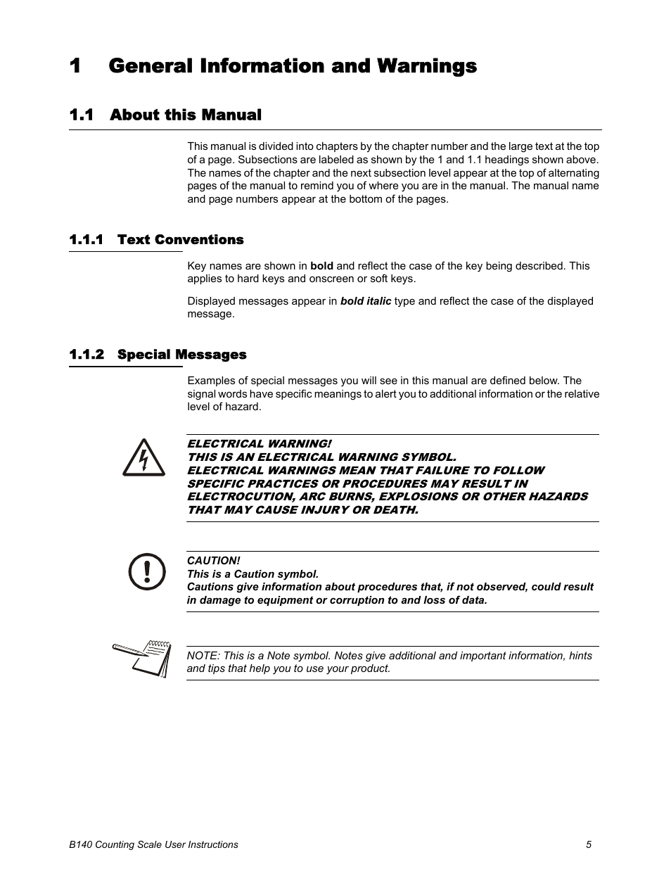 1 general information and warnings, 1 about this manual, 1 text conventions | 2 special messages, Chapter 1 general information and warnings, About this manual, Text conventions special messages | Salter Brecknell B140 User Manual | Page 5 / 32