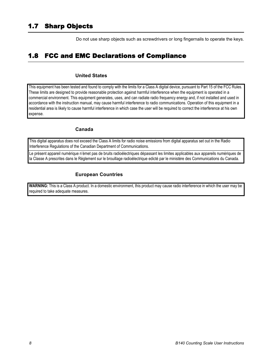 7 sharp objects, 8 fcc and emc declarations of compliance | Salter Brecknell B140 User Manual | Page 8 / 32