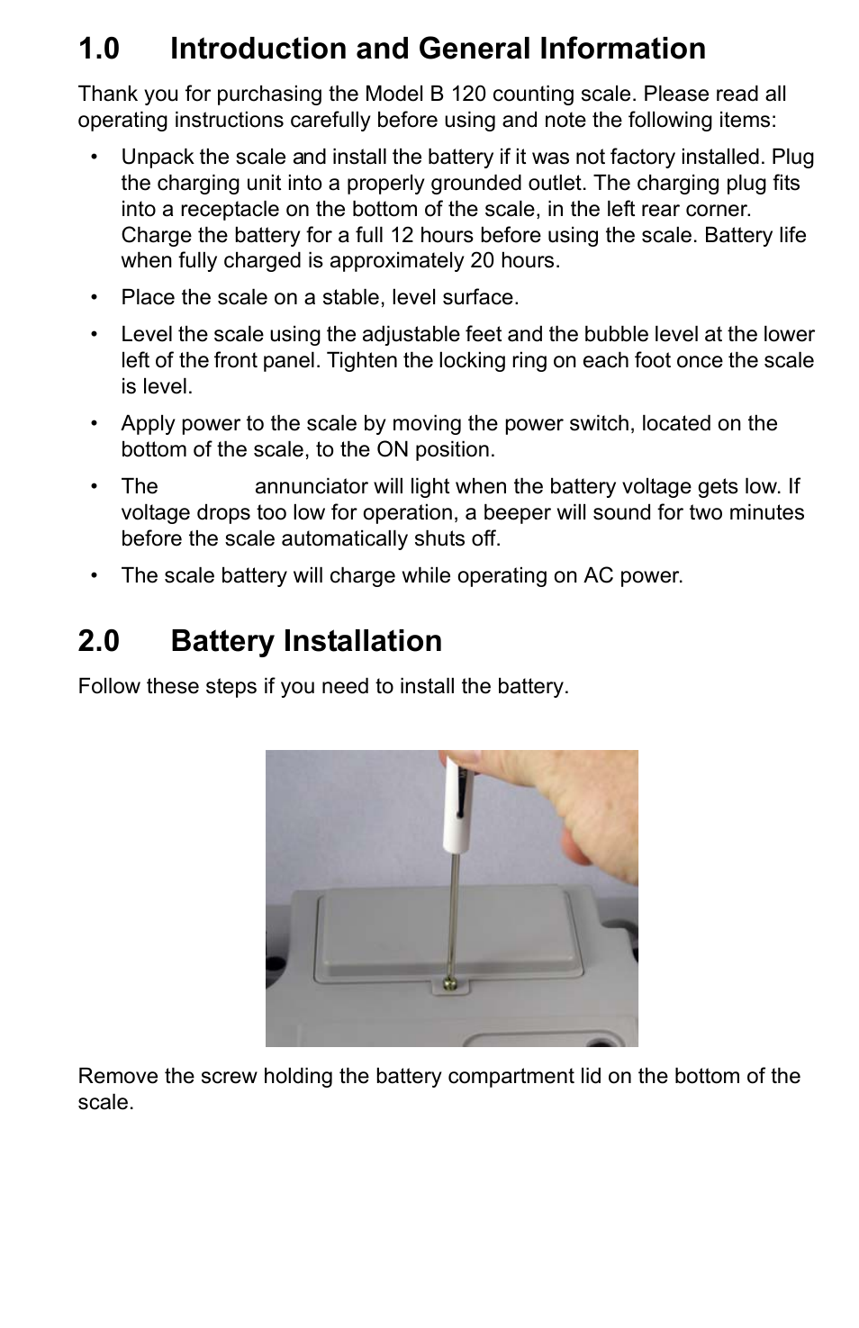 0 introduction and general information, 0 battery installation | Salter Brecknell B120 User Manual | Page 3 / 19