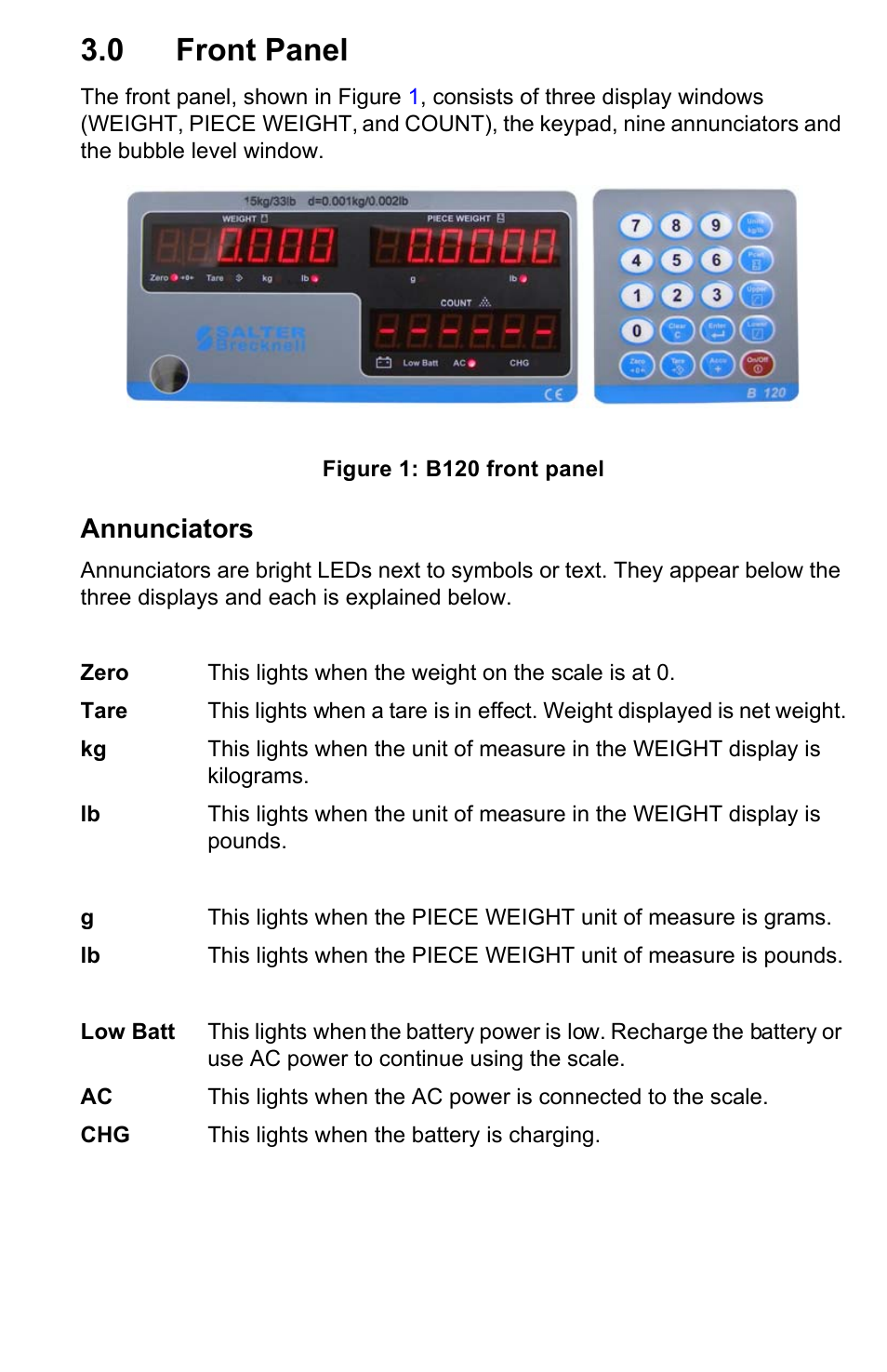 0 front panel, Annunciators | Salter Brecknell B120 User Manual | Page 5 / 19