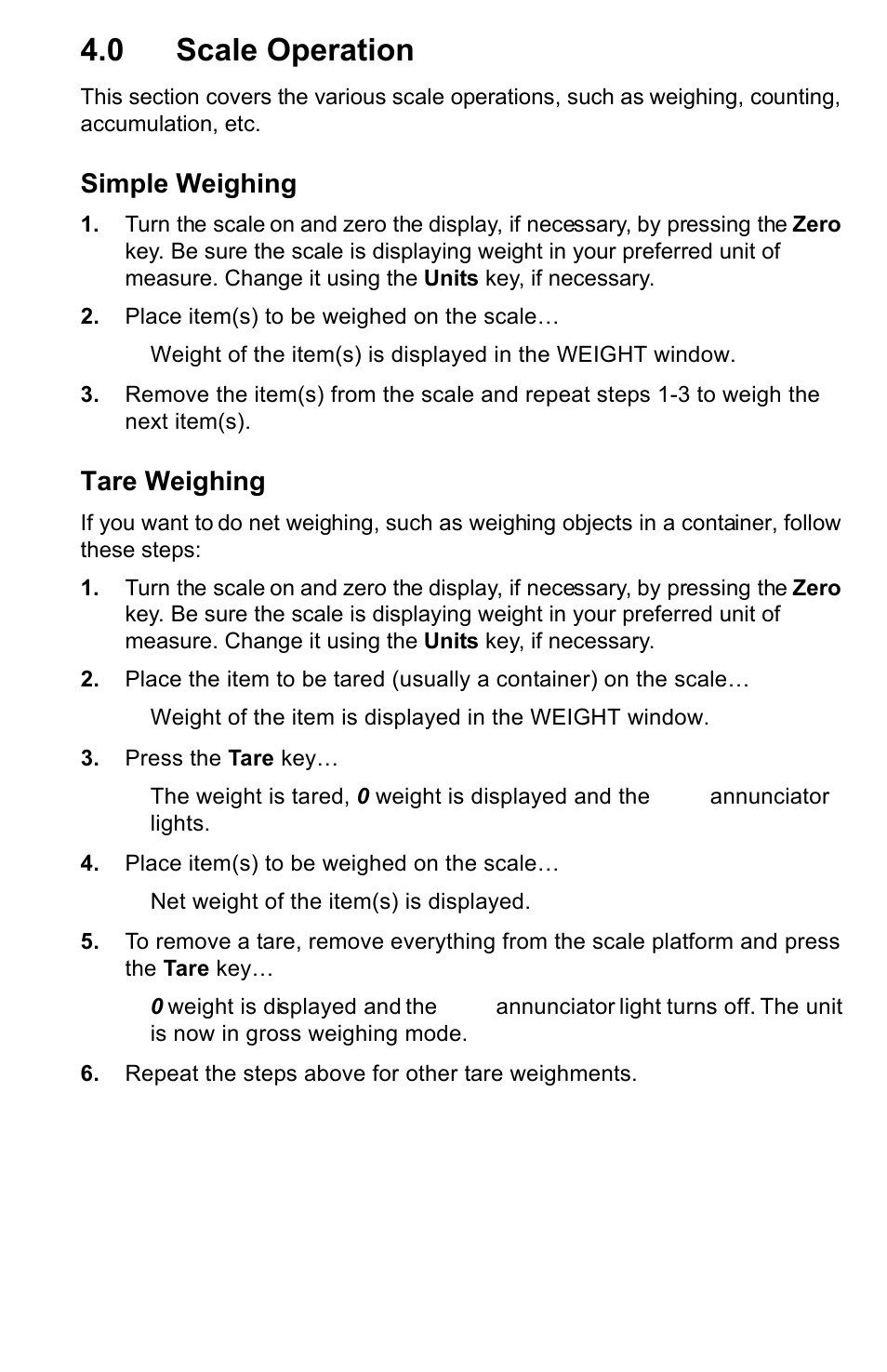 0 scale operation, Simple weighing, Tare weighing | Salter Brecknell B130 User Manual | Page 10 / 22