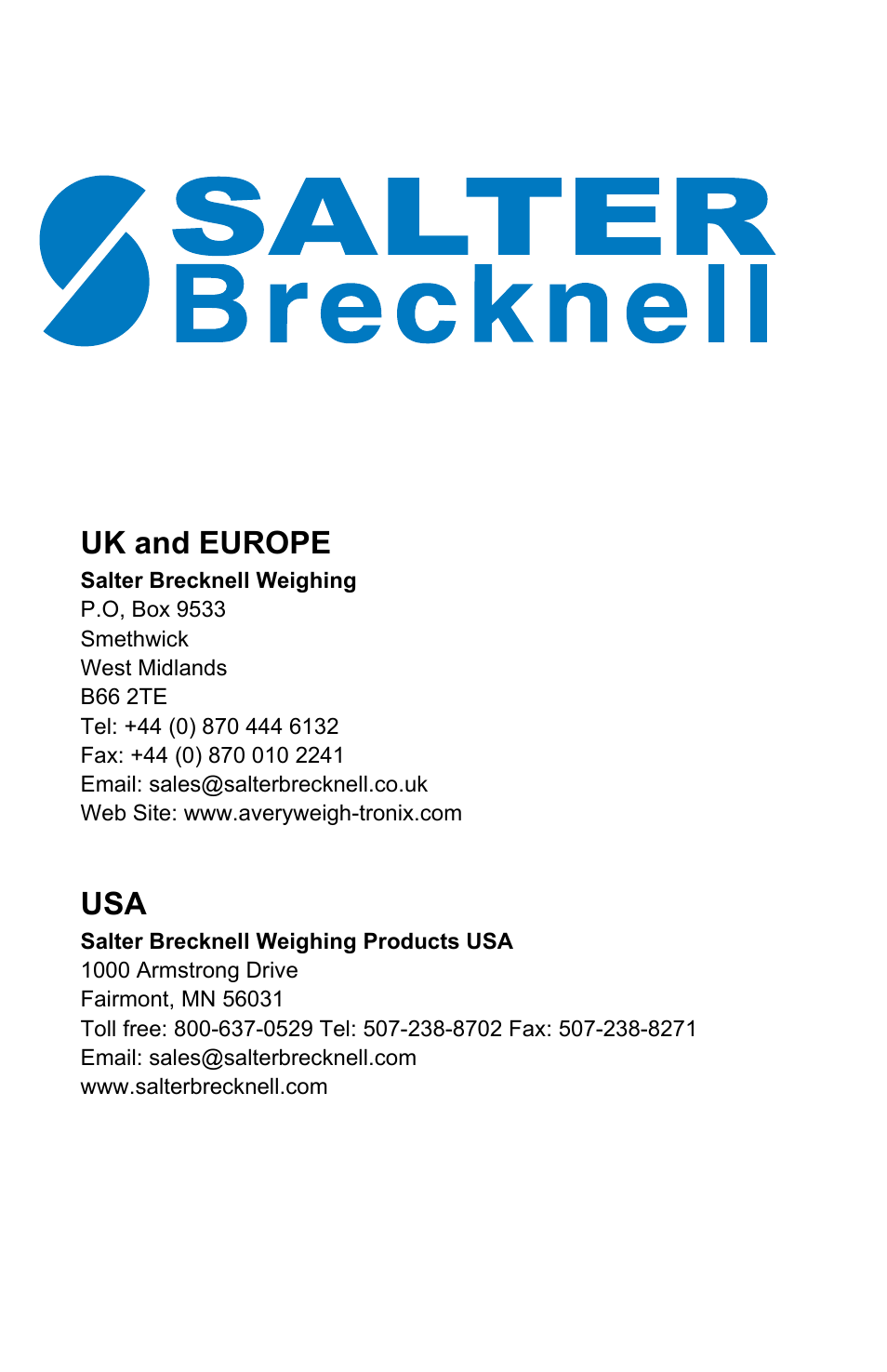 Uk and europe | Salter Brecknell B130 User Manual | Page 22 / 22