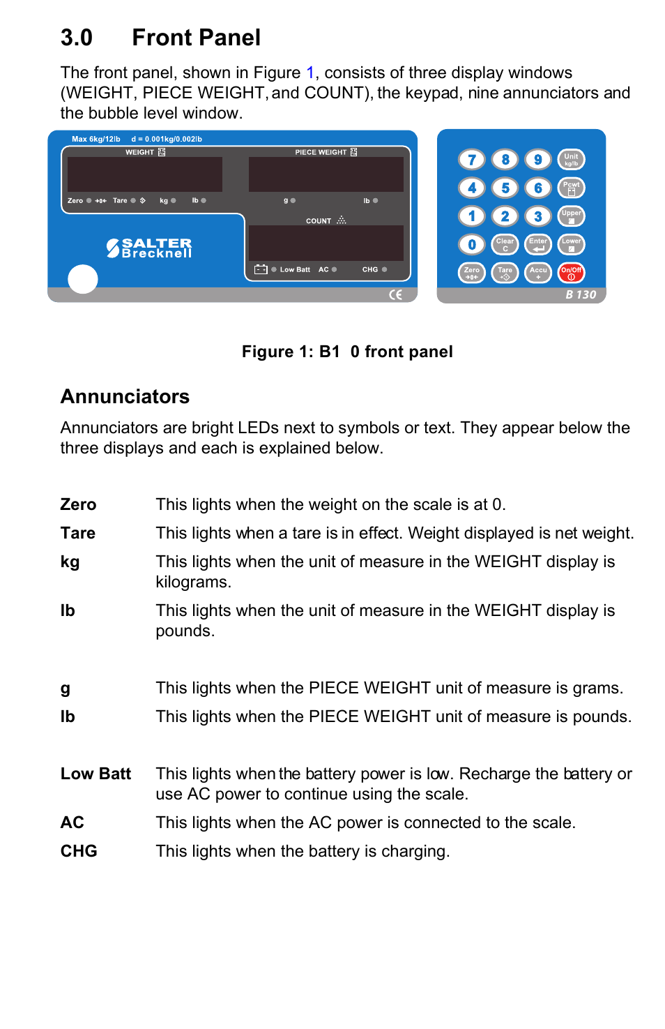 0 front panel, Annunciators | Salter Brecknell B130 User Manual | Page 8 / 22