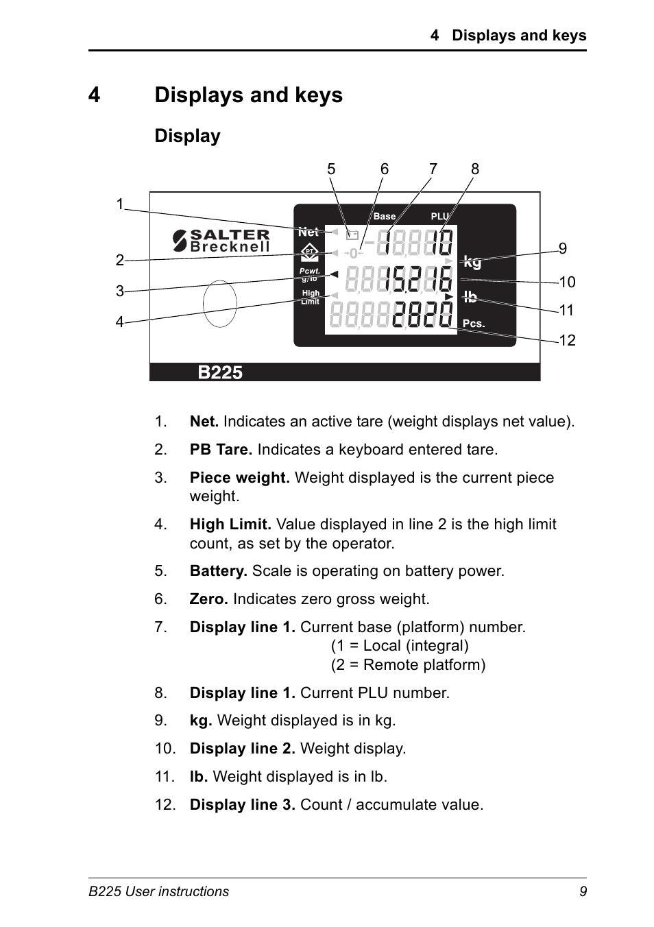 4 displays and keys, Display, 4displays and keys | Salter Brecknell B225 User Manual | Page 9 / 44