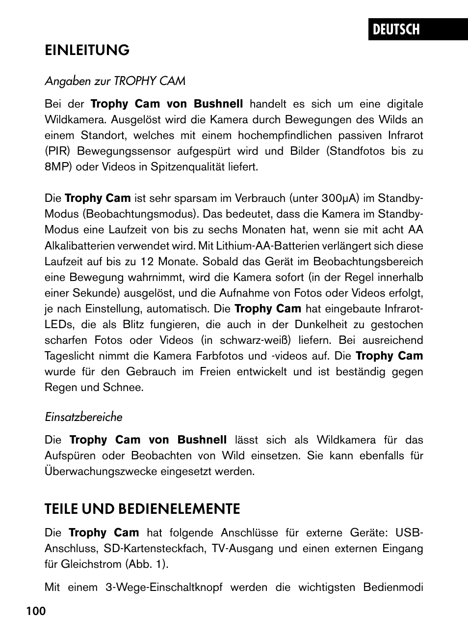 Einleitung, Teile und bedienelemente | Bushnell Trophy Cam 119445 User Manual | Page 100 / 200