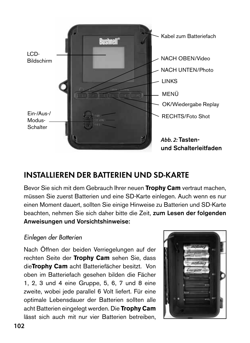 Installieren der batterien und sd-karte | Bushnell Trophy Cam 119445 User Manual | Page 102 / 200