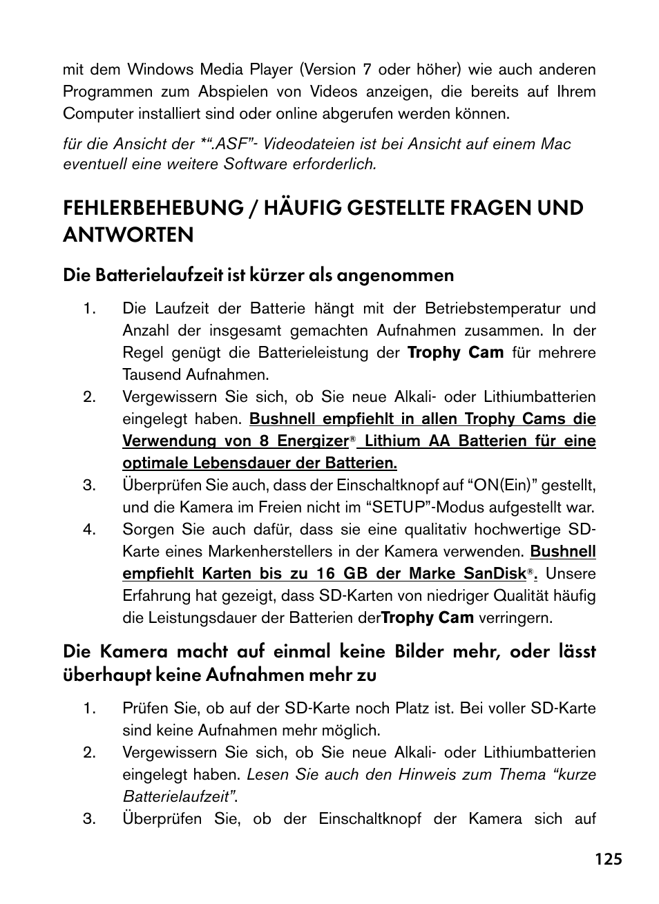 Die batterielaufzeit ist kürzer als angenommen | Bushnell Trophy Cam 119445 User Manual | Page 125 / 200