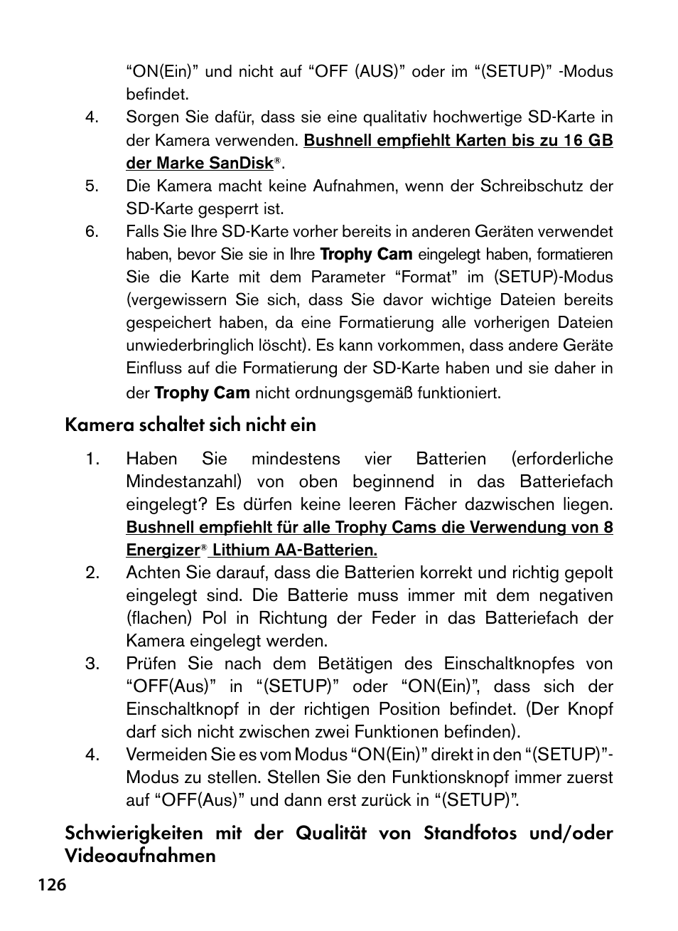 Kamera schaltet sich nicht ein | Bushnell Trophy Cam 119445 User Manual | Page 126 / 200