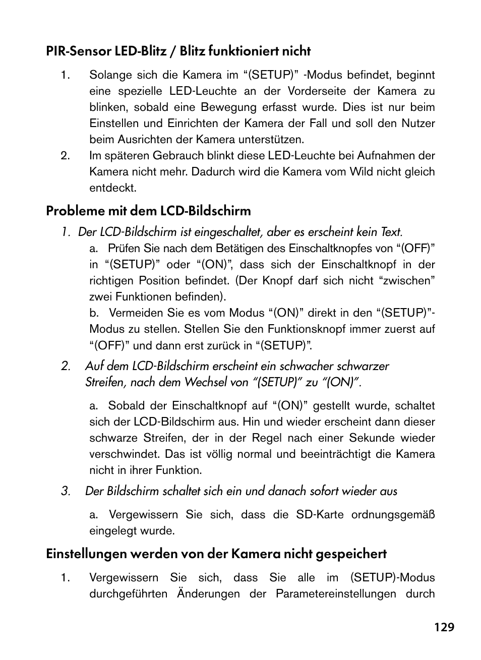 Pir-sensor led-blitz / blitz funktioniert nicht, Probleme mit dem lcd-bildschirm | Bushnell Trophy Cam 119445 User Manual | Page 129 / 200