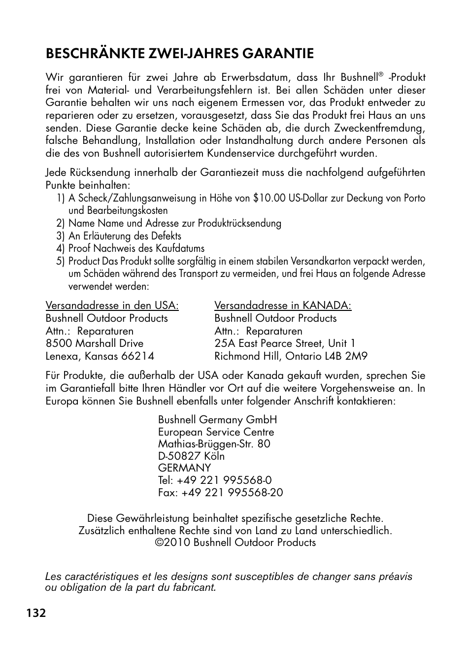 Beschränkte zwei-jahres garantie | Bushnell Trophy Cam 119445 User Manual | Page 132 / 200