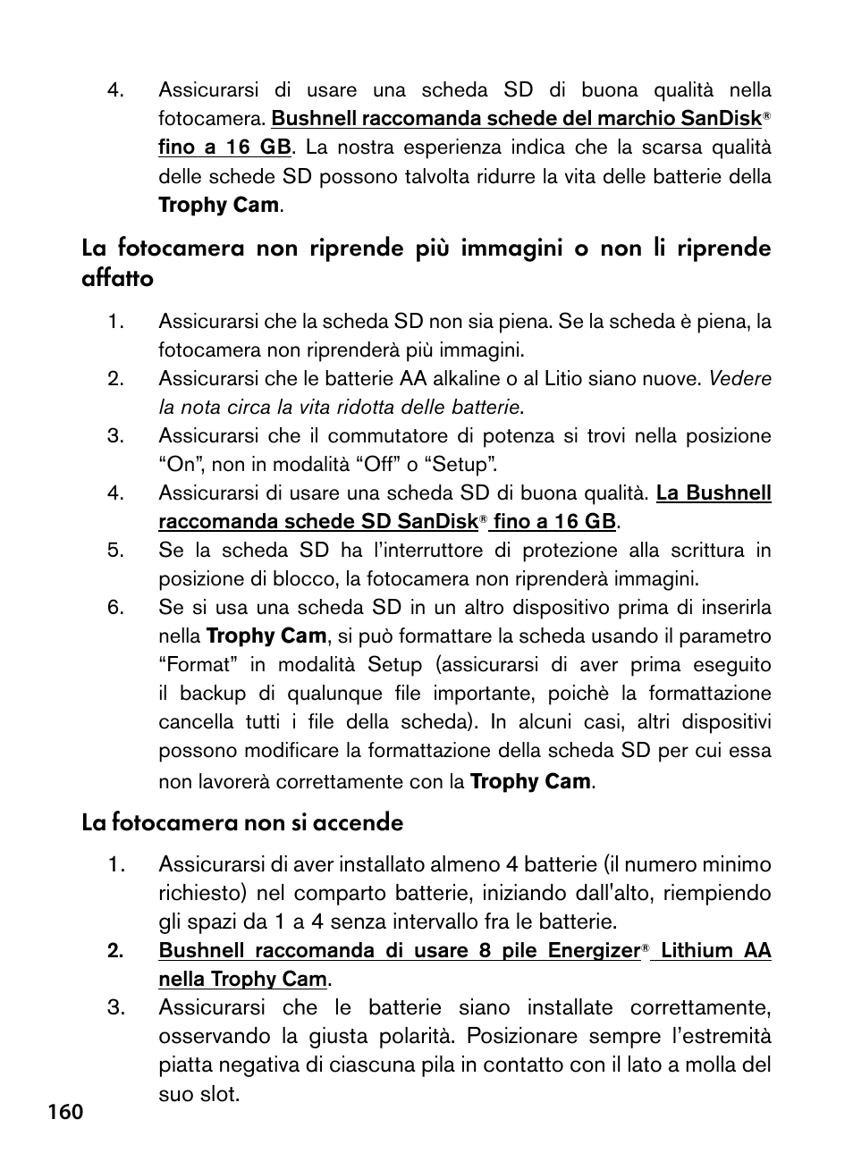 La fotocamera non si accende | Bushnell Trophy Cam 119445 User Manual | Page 160 / 200