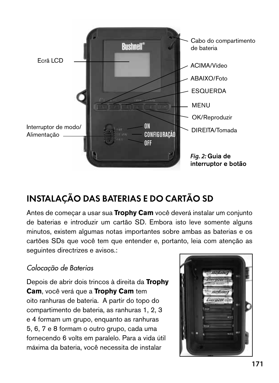 Instalação das baterias e do cartão sd | Bushnell Trophy Cam 119445 User Manual | Page 171 / 200