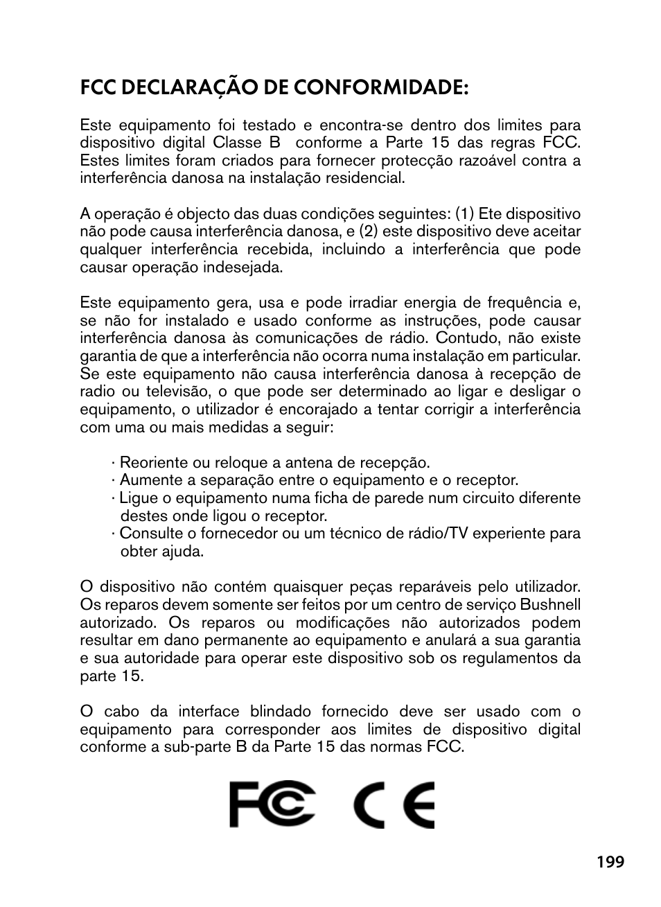 Fcc declaração de conformidade | Bushnell Trophy Cam 119445 User Manual | Page 199 / 200