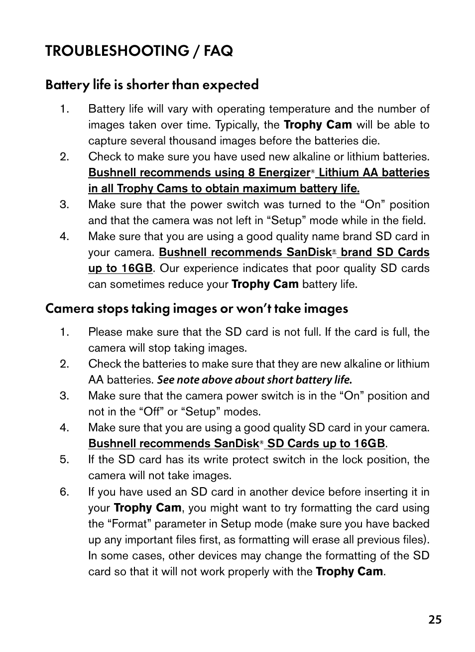 Troubleshooting / faq, Battery life is shorter than expected, Camera stops taking images or won’t take images | Bushnell Trophy Cam 119445 User Manual | Page 25 / 200