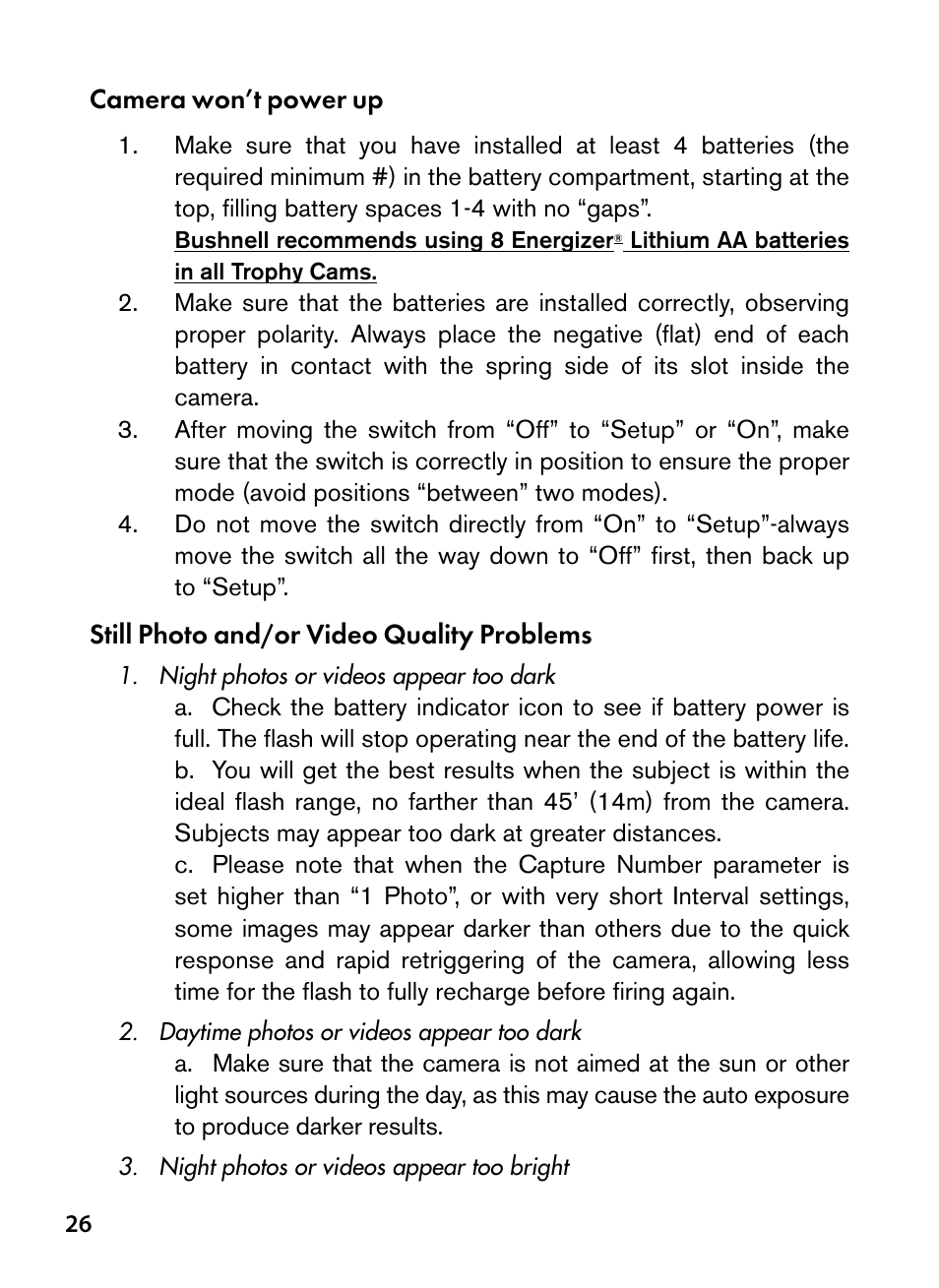 Camera won’t power up, Still photo and/or video quality problems | Bushnell Trophy Cam 119445 User Manual | Page 26 / 200