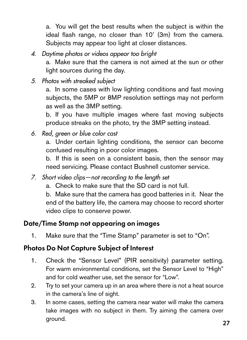 Date/time stamp not appearing on images, Photos do not capture subject of interest | Bushnell Trophy Cam 119445 User Manual | Page 27 / 200