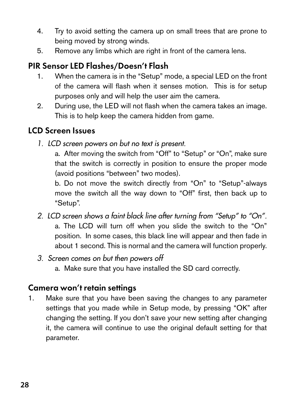 Pir sensor led flashes/doesn’t flash, Lcd screen issues, Camera won’t retain settings | Bushnell Trophy Cam 119445 User Manual | Page 28 / 200