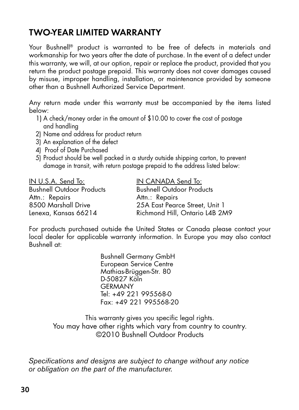 Two-year limited warranty | Bushnell Trophy Cam 119445 User Manual | Page 30 / 200