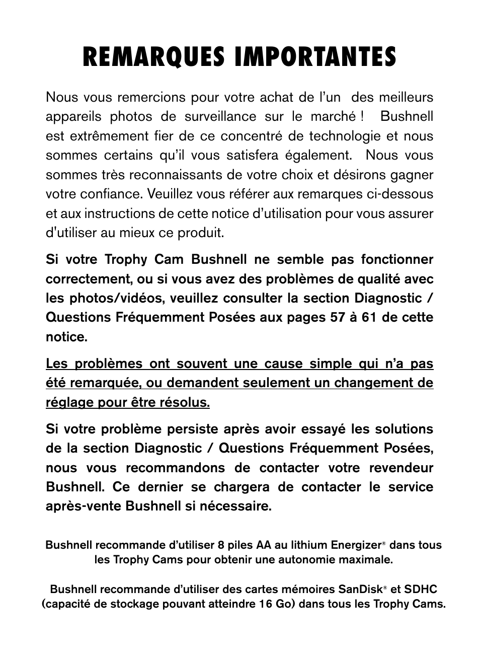 Remarques importantes | Bushnell Trophy Cam 119445 User Manual | Page 33 / 200