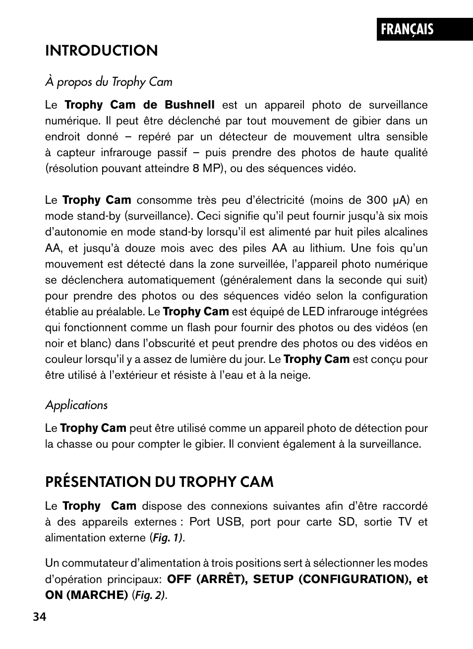 Introduction, Présentation du trophy cam | Bushnell Trophy Cam 119445 User Manual | Page 34 / 200