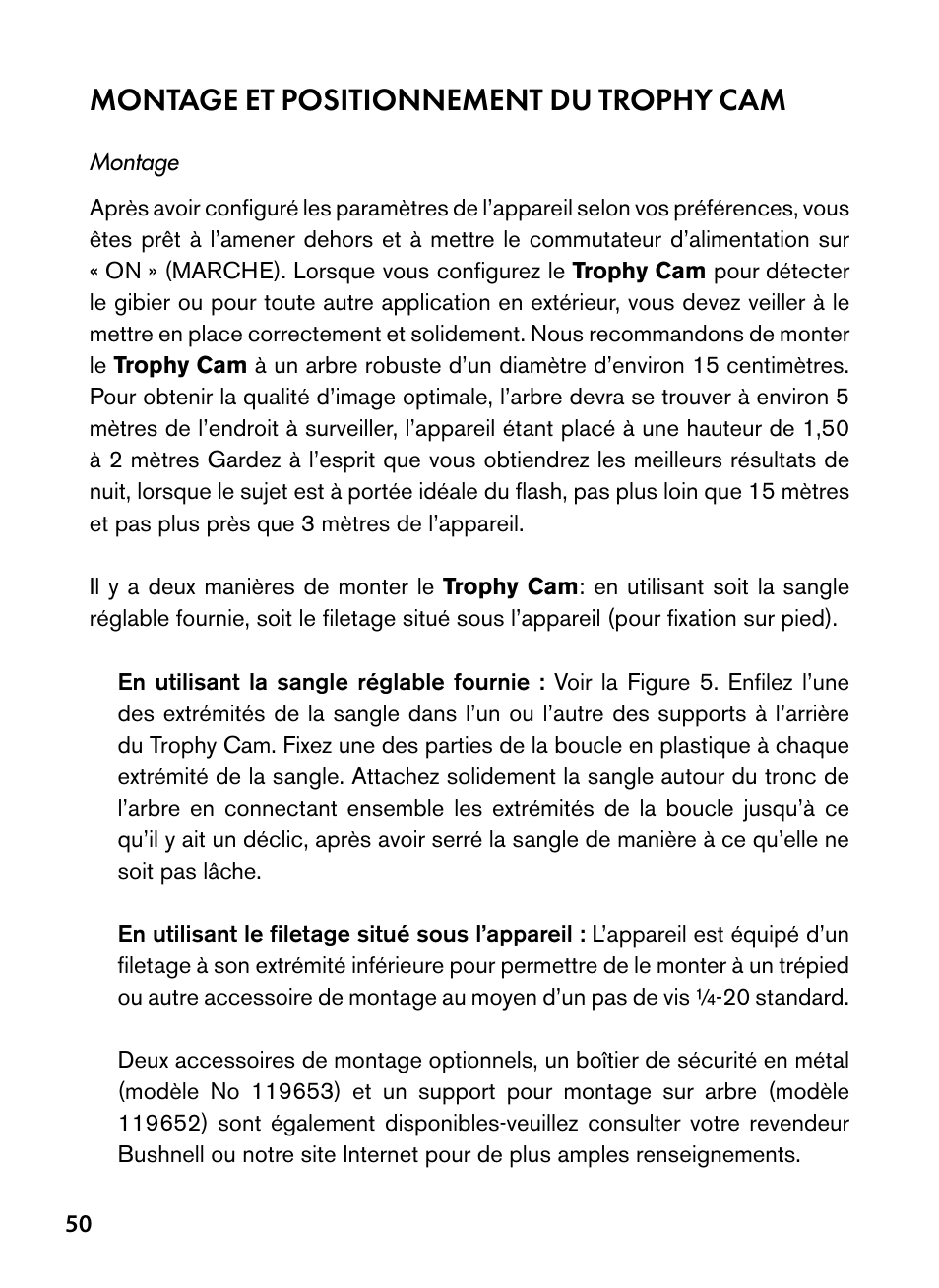 Montage et positionnement du trophy cam | Bushnell Trophy Cam 119445 User Manual | Page 50 / 200