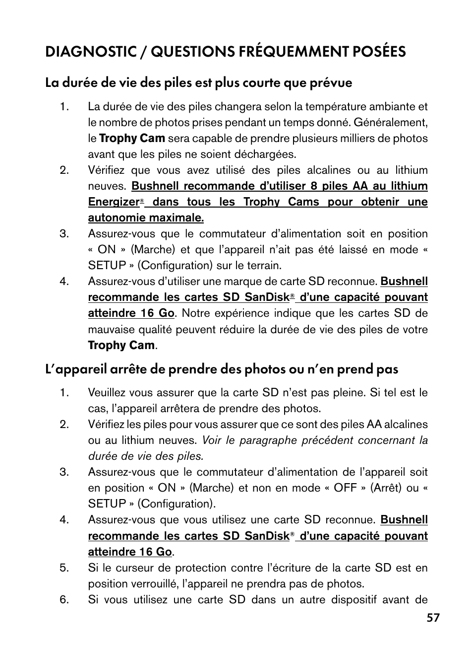 Diagnostic / questions fréquemment posées | Bushnell Trophy Cam 119445 User Manual | Page 57 / 200