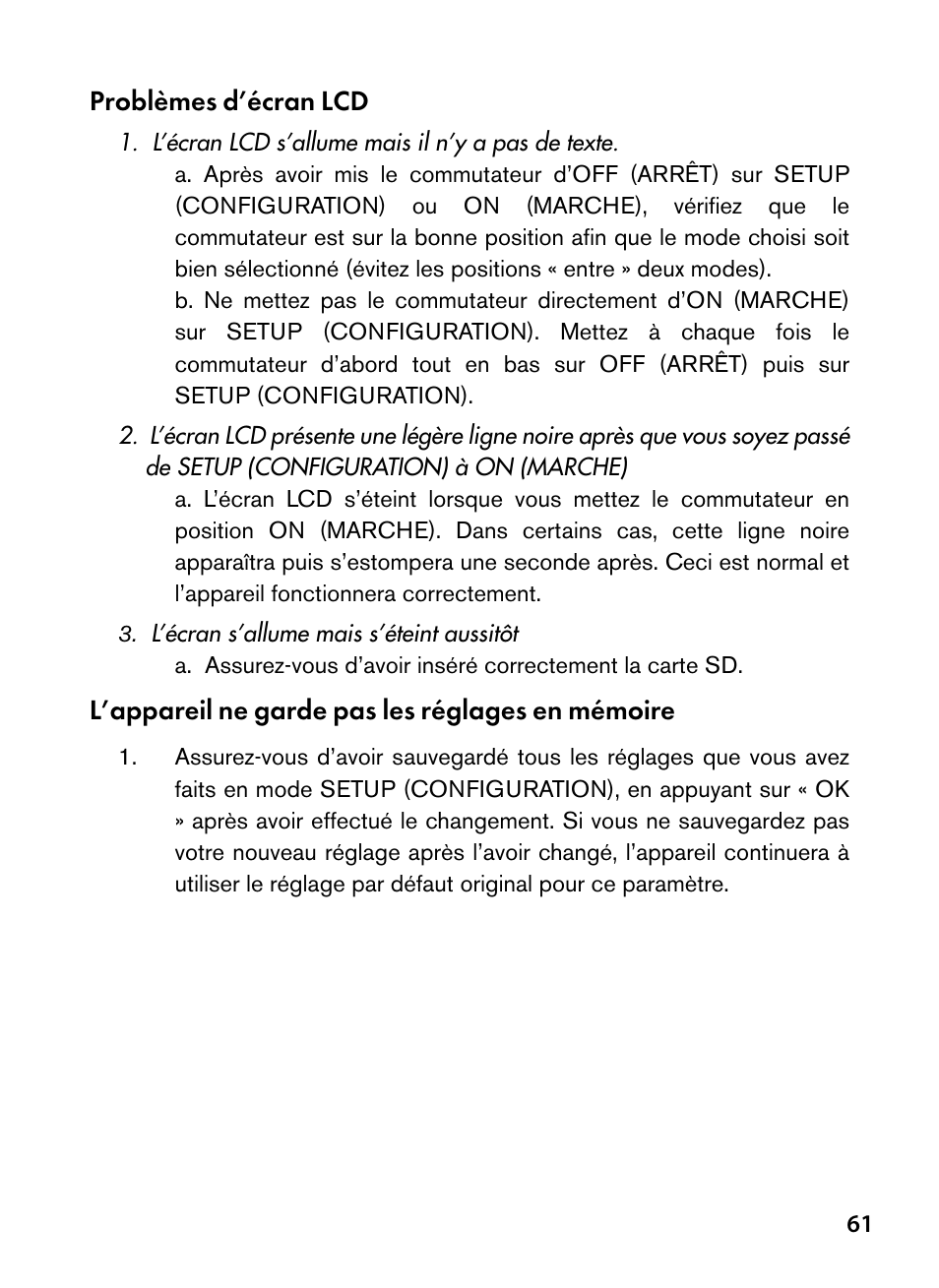 Problèmes d’écran lcd, L’appareil ne garde pas les réglages en mémoire | Bushnell Trophy Cam 119445 User Manual | Page 61 / 200