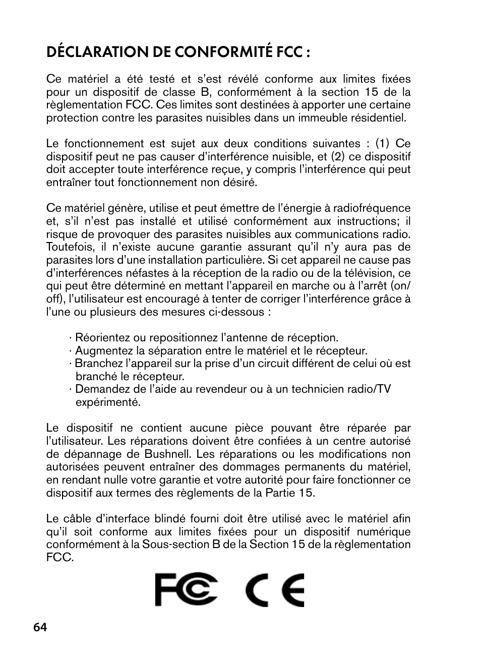 Déclaration de conformité fcc | Bushnell Trophy Cam 119445 User Manual | Page 64 / 200