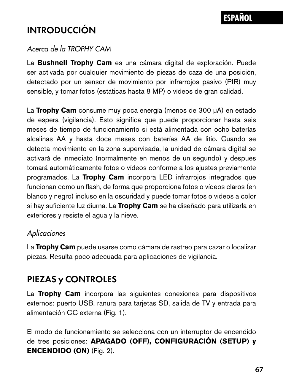 Introducción, Piezas y controles | Bushnell Trophy Cam 119445 User Manual | Page 67 / 200